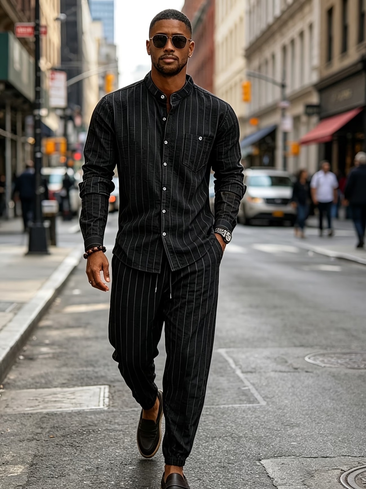 Men’s Black Pinstripe Casual 2-Piece Set